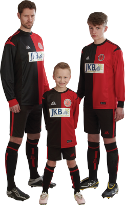 Three players in red/black Marseilles kit